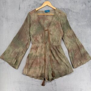 Willy Jays Tie Dye Bell Sleeve Romper Tassel Drawstring V Neck Womens M (Read)